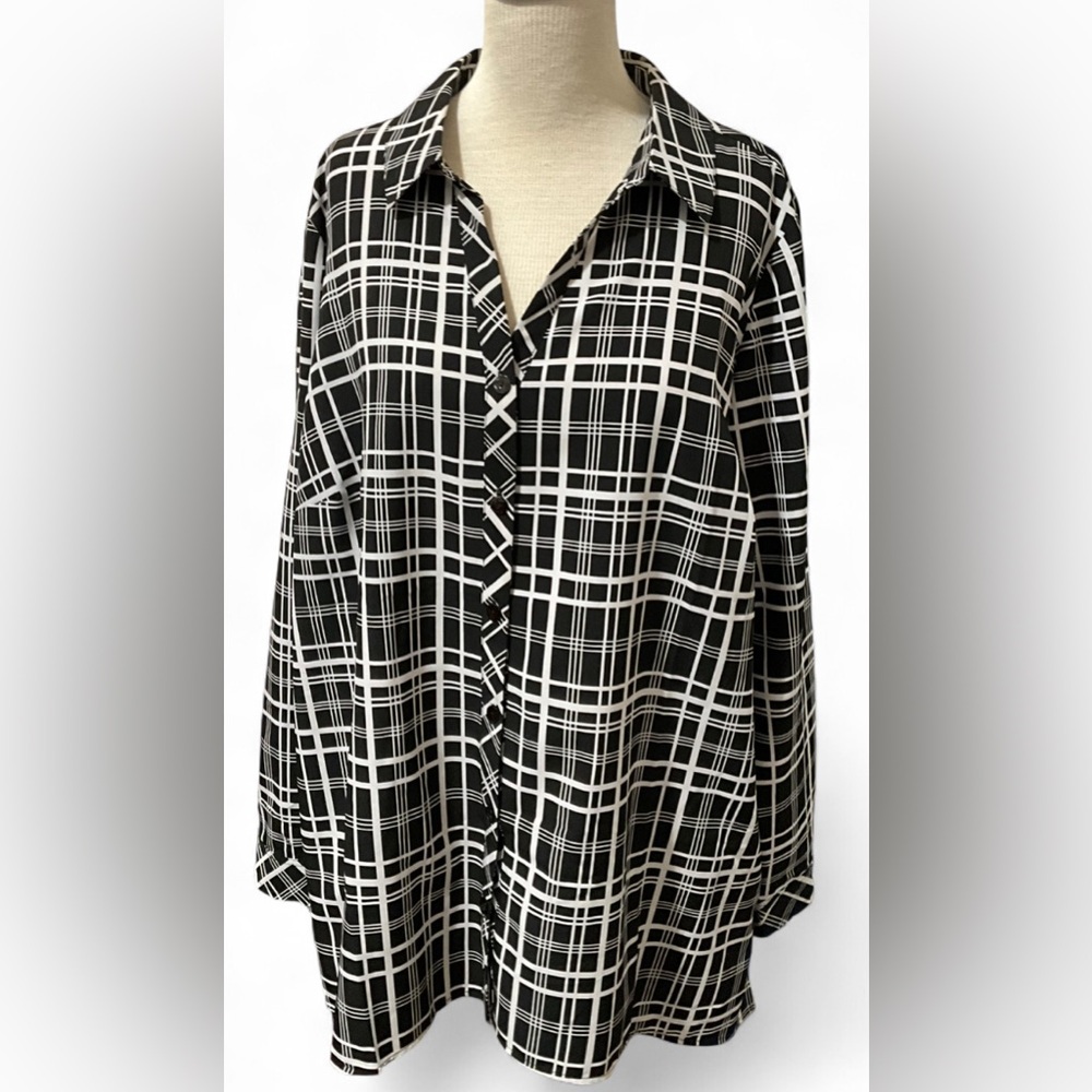 Susan Graver Weekend Plaid Tunic Shirt Black Geometric Button Up Womens Size 1XL